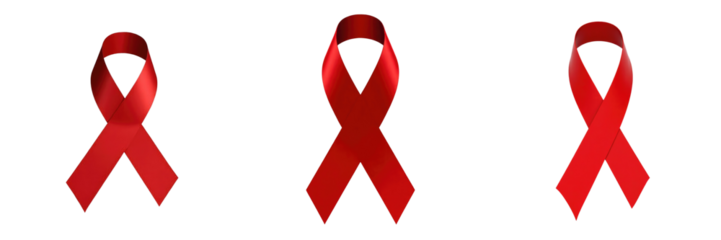 Three glossy red awareness ribbons set against a transparent background, showcasing a smooth and elegant design with varying shapes and orientations, representing solidarity and support.
