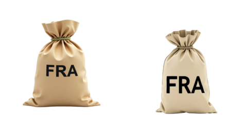 Two fabric sacks with gathered tops on a transparent background, both marked with the letters "FRA" in bold, creating a visually striking display of beige tones and textures.