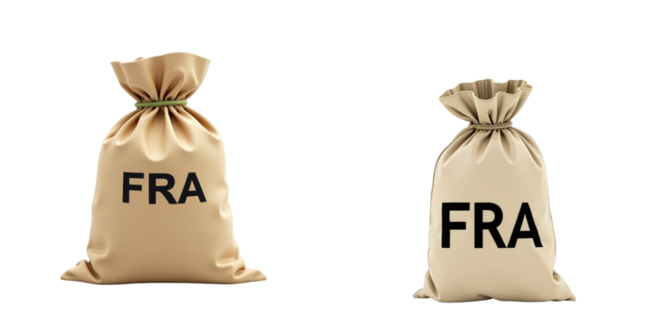 Two fabric sacks with gathered tops on a transparent background, both marked with the letters "FRA" in bold, creating a visually striking display of beige tones and textures.