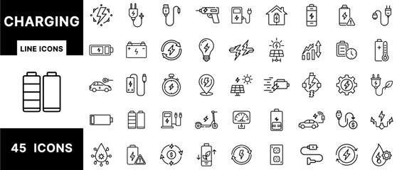 Charging Line Icons Set Featuring Battery Power, Electric Vehicles, Solar Charging, Cable Connection, Renewable Energy, Voltage Indicators, and Eco Outlets