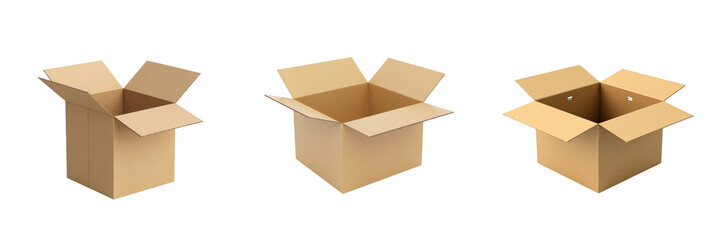 Collection of Opened Cardboard Boxes in Varying Sizes and Angles on a transparent Background Emphasizing Versatility for Packaging and Storage Uses