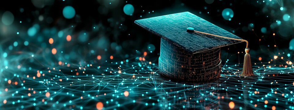 Abstract visualization of AI transforming education with glowing neural networks morphing into books tablets and graduation hats over futuristic blue-black background high-tech style