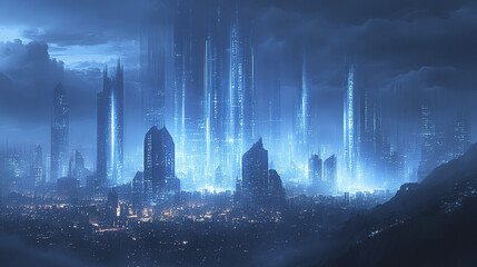 Futuristic city skyline with glowing digital lines and towering structures under moody sky