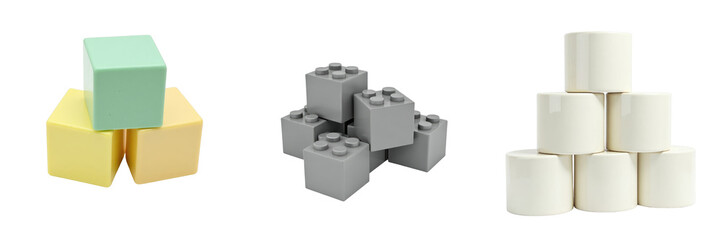 Obraz premium Colorful Building Blocks Set Featuring Green, Yellow, and Gray Blocks Alongside a Stack of White Cylindrical Shapes on a transparent Background