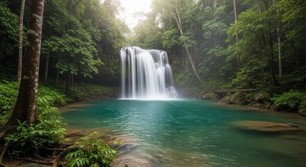 Obraz premium Serene waterfall cascading into crystal clear pool surrounded by lush green forest