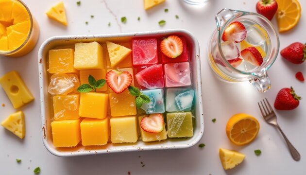 overhead shot of a tray of assorted flavored ice cubes including mango pineapple and strawberry with corresponding fruit slices and a glass pitcher of water nearby illustrating a colorful summer bever