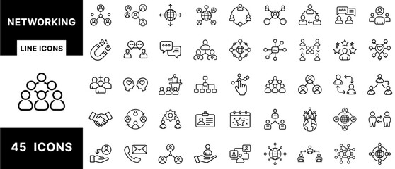 Networking Line Icons Set Featuring People Connections, Global Networks, Communication, Team Collaboration, Social Structures, Interaction, and Organizational Charts
