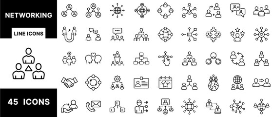 Networking Line Icons Set Featuring People Connections, Global Networks, Communication, Team Collaboration, Social Structures, Interaction, and Organizational Charts