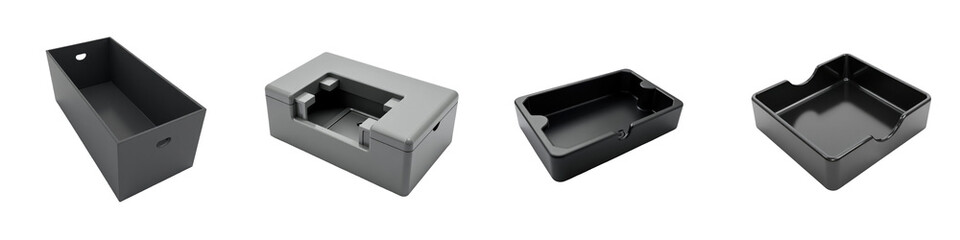 Naklejka premium Variety of transparent Plastic Containers Displayed from Multiple Angles Featuring Different Shapes and Sizes Ideal for Storage or Organization in a Minimalistic Style