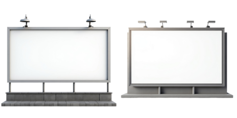 Two blank advertising billboards with lit overhead fixtures on a dark background, exhibiting a simple yet modern design suitable for customizable promotional content.