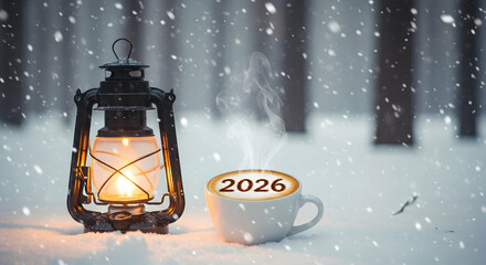 Winter Wonderland Cozy Lantern Hot Drink Snowfall Scene  Perfect for Holiday Cards and Winter Backgrounds