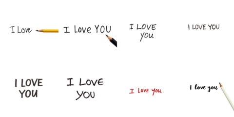 Collection of Artistic Text Illustrations Expressing Love with Handwritten Variations on a transparent Background Featuring Colored Pencils and Various Font Styles