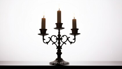 Naklejka premium ornate candelabra with three lit candles in silhouette against white background