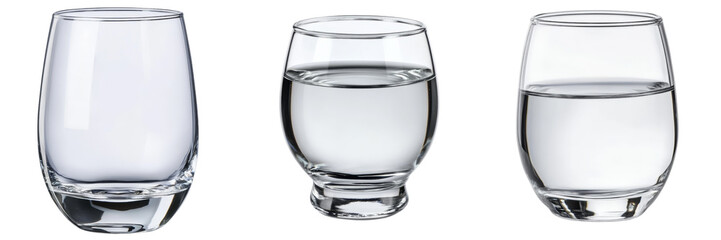 Three Glass Shots Empty, Half-Full, Full, Isolated on Transparent Background,  Glassware, Beverage,Drinkware,  Liquor,  Transparency