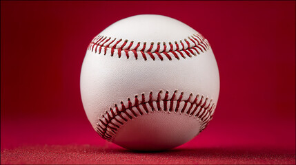 New baseball on red rubber texture with crisp stitching details, showcasing precision and quality craftsmanship.