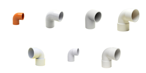 Collection of Plastic Pipe Elbows in Various Sizes and Colors on transparent Background Featuring an Orange and Multiple White Variants Ideal for Plumbing and Construction Projects