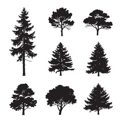set of silhouettes of trees