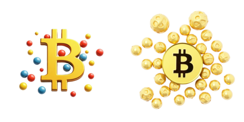 Vibrant Bitcoin Logos Featuring Gold Cryptocurrency Symbols Surrounded by Colorful Particles on a transparent Background Highlighting Digital Currency Concept