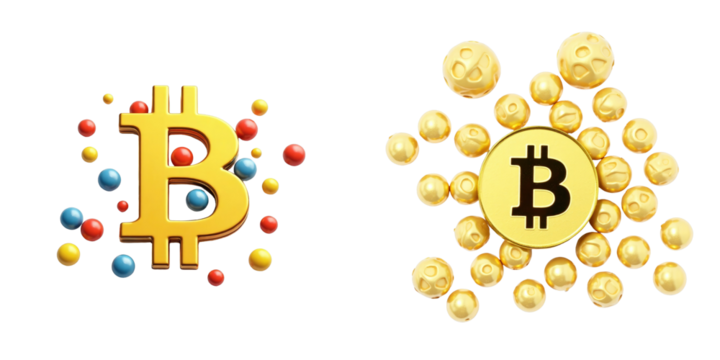 Vibrant Bitcoin Logos Featuring Gold Cryptocurrency Symbols Surrounded by Colorful Particles on a transparent Background Highlighting Digital Currency Concept