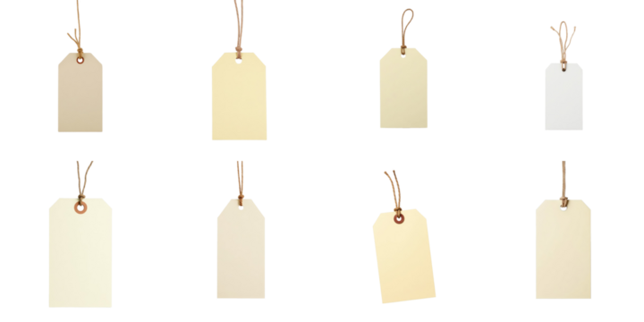 Nine Hanging Blank Tags in Various Shades with Twine on a transparent Background Ideal for Labeling and Design Use