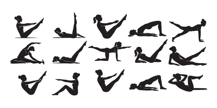 Woman doing pilates vector silhouettes set black color isolated on white background