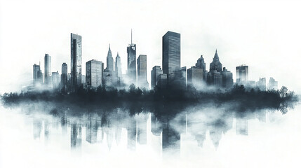 Fototapeta premium stunning silhouette of city skyline reflected in water, surrounded by mist and fog