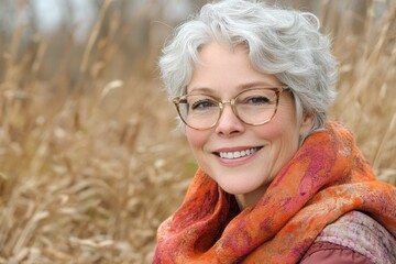 Smiling mature woman with glasses, scarf, and gray hair outdoors. Perfect for health, beauty, or lifestyle marketing related concepts.