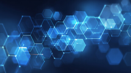 Obraz premium Blue glowing hexagons overlayed on a dark blurred background with light connections