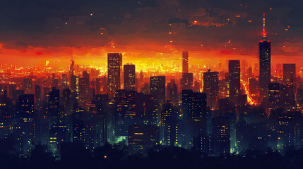 Naklejka premium vibrant cityscape at dusk, showcasing glowing skyscrapers and dramatic sky