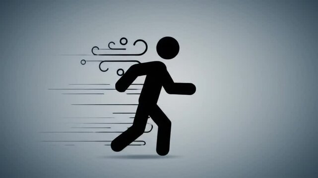 Minimalist Stick Figure Walking Against Animated Wind Gusts &ndash; Leaning Motion Resistance & Cinematic Loopable Vector Animation