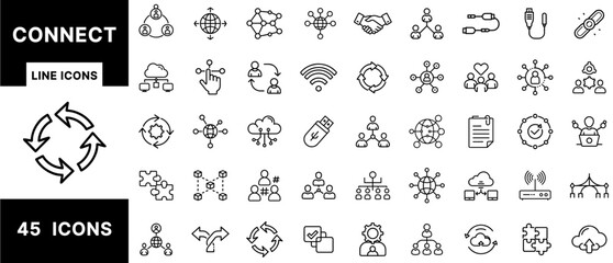 Connect Line Icons Set Featuring Network Links, Communication, Collaboration, Cloud Sync, USB Cables, Data Sharing, Social Nodes, and Connectivity Arrows