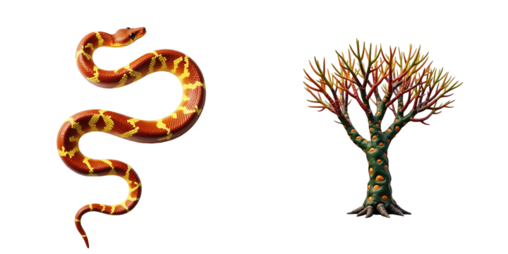 Colorful Snake and Unique Tree on transparent Background Featuring a Textured Red and Yellow Pattern Snake Alongside an Intricate Tree with Vibrant Branches and Distinctive Bark - Powered by Adobe