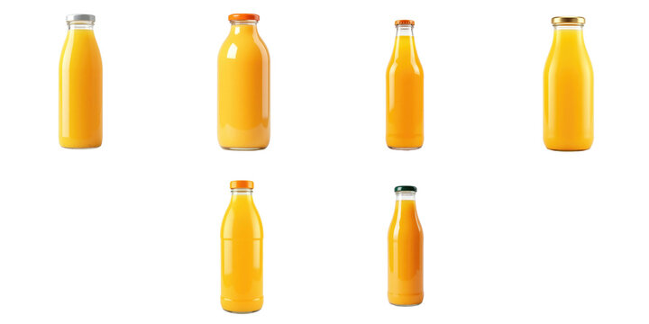 Variety of Glass and Plastic Bottles Filled with Orange Juice on transparent Background Featuring Different Caps and Shapes - Powered by Adobe