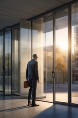 Fototapeta premium Businessman standing pensively by a glass door at sunset, contemplating opportunities