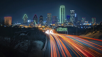 vibrant city skyline at night with light trails from vehicles on highway, showcasing urban life