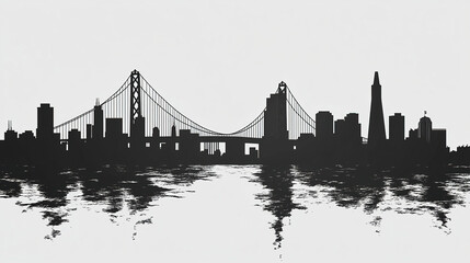 Obraz premium Minimalist San Francisco skyline silhouette with iconic bridge and buildings reflecting water