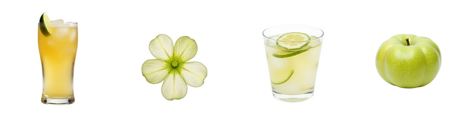 Collection of a refreshing cocktail with lime, a delicate white flower, a lime-infused drink in a glass, and a vibrant green apple against a transparent background.