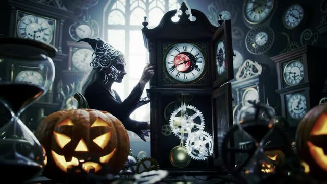 Woman with headpiece near grandfather clock, gears, and pumpkins.