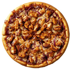 Delicious barbecue chicken pizza topped with onions and cheese ready to serve at an evening gathering