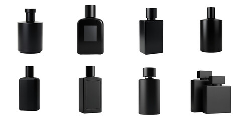 Obraz premium Collection of Stylish transparent Perfume Bottles Featuring Various Shapes and Designs on a Dark Background Highlighting Minimalist Aesthetics and Modern Elegance