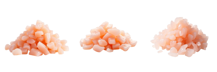 Three distinct piles of small, pale pink crystals or granules arranged on a transparent background, showcasing varying shapes and sizes of the material.