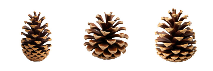 Realistic collection of three pine cones displayed from different angles against a transparent background, showcasing their natural texture and intricate details in warm brown tones.