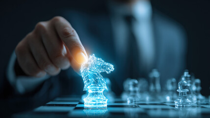 Close-up of businessman holding glowing blue digital chess knight hologram representing AI, strategy, innovation, and leadership.