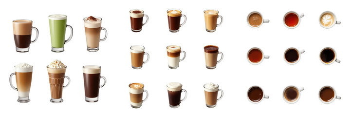 Obraz premium Diverse Collection of Coffee and Beverage Illustrations Featuring Various Styles of Cups and Drinks on a Dark Background