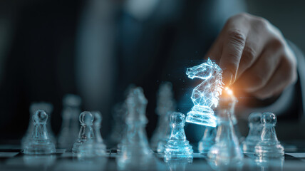 Close-up of businessman holding glowing blue digital chess knight hologram representing AI, strategy, innovation, and leadership.
