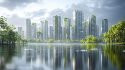Fototapeta premium Modern urban skyline with greenery reflecting in water, showcasing serene atmosphere