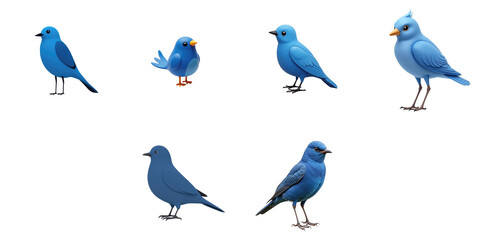 Fototapeta premium Collection of Various Blue Birds in Different Poses Featuring Stylized Designs and Vivid Colors Against a transparent Background Ideal for Graphic Design and Illustrations
