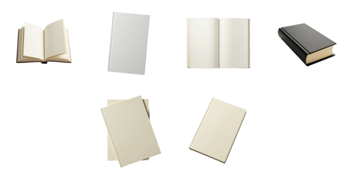 Collection of Blank Books in Various Styles Opened and Closed Featuring an Open Book, White Pages, transparent Cover, and Horizontal/Vertical Orientation on a Dark Background