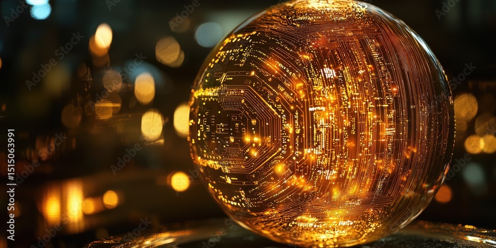Aufkleber a detailed look at a futuristic orb, mirroring a galaxy, with intricate circuitry etched on its surf