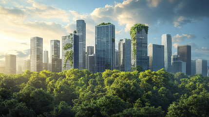 Obraz premium modern urban skyline surrounded by lush greenery, showcasing sustainable architecture and nature